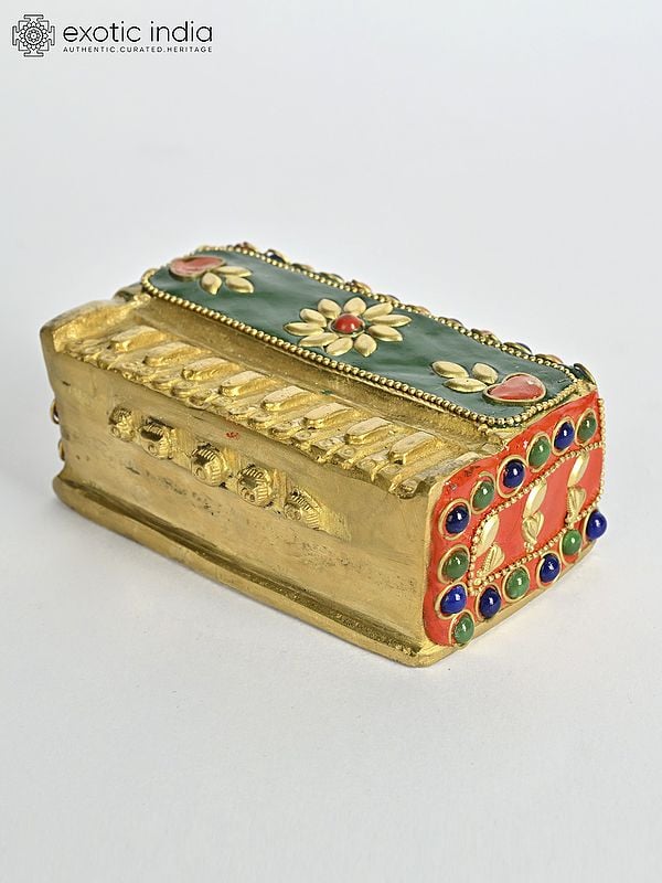 Exotic India 4" Small Brass Decorative Harmonium With Inlay Work | Musical Decor 
