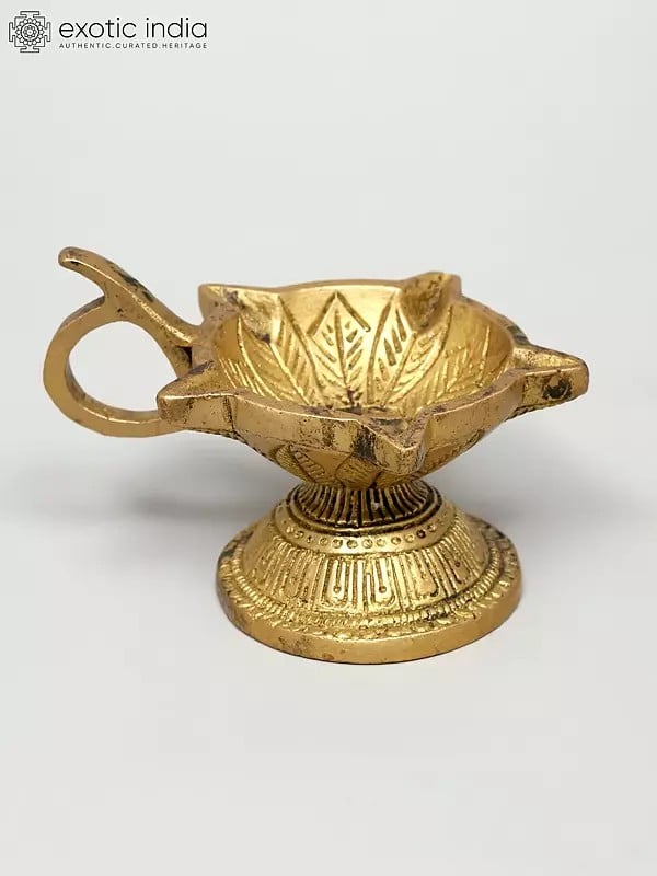 Exotic India 4" Small Brass Five Wicks Handheld Diya (Oil Lamp) | Handmade | Made In Ind 