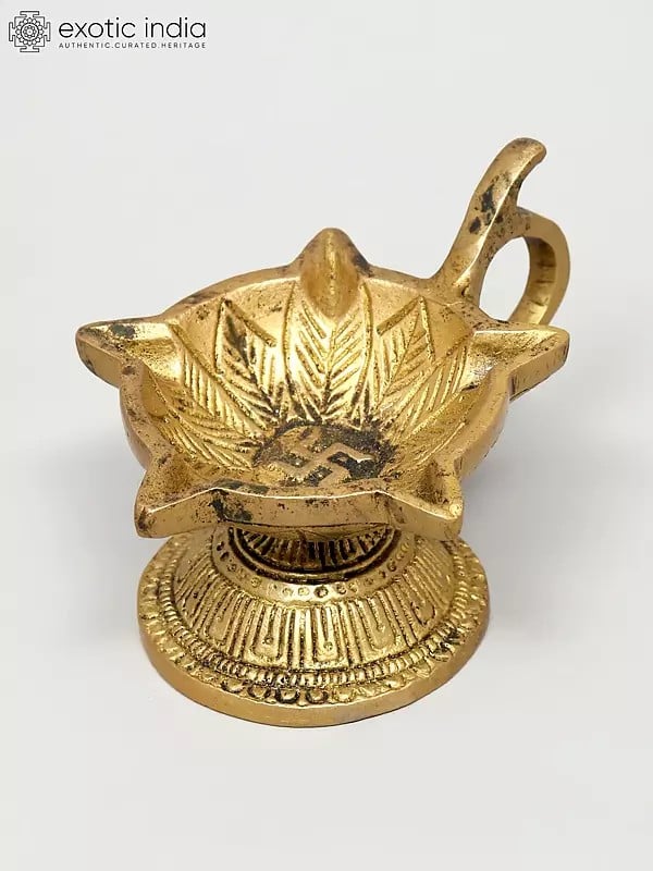 Exotic India 4" Small Brass Five Wicks Handheld Diya (Oil Lamp) | Handmade | Made In Ind 