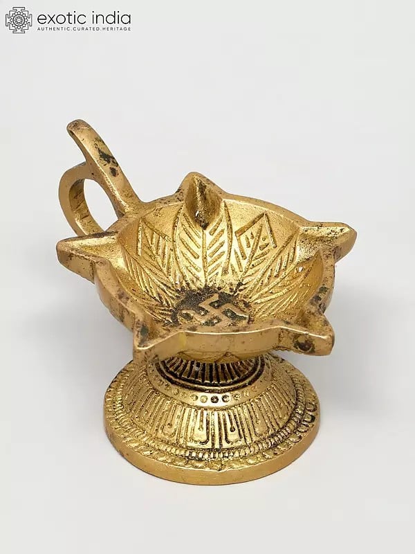 Exotic India 4" Small Brass Five Wicks Handheld Diya (Oil Lamp) | Handmade | Made In Ind 