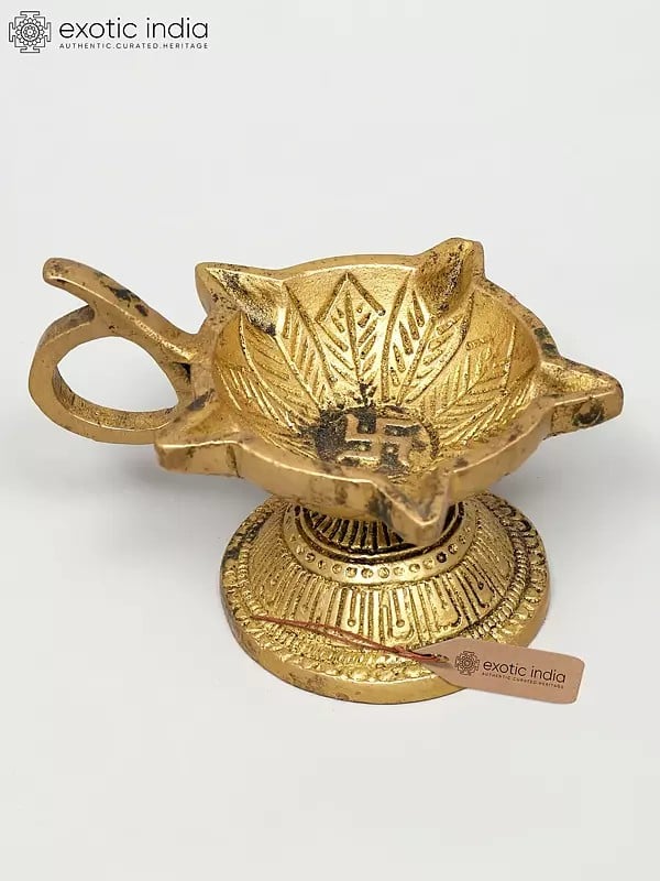 exotic india 4" Small Brass Five Wicks Handheld Diya (Oil Lamp) | Handmade | Made In Ind 