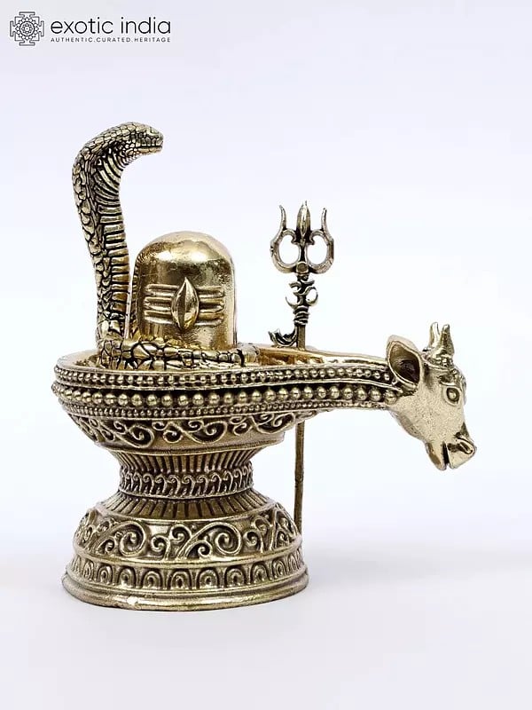 Exotic India 4" Small Brass Nandi Mukh Shivalinga With Protecting Naag And Trishul 