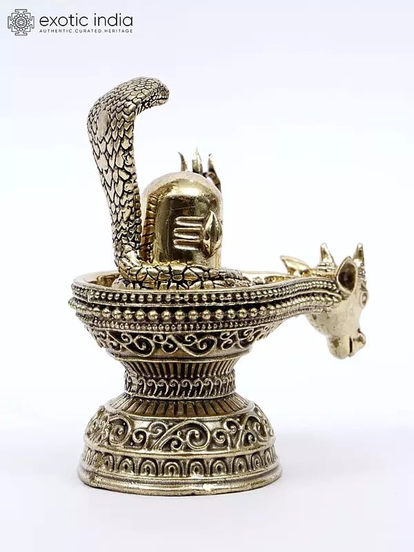 Exotic India 4" Small Brass Nandi Mukh Shivalinga With Protecting Naag And Trishul 