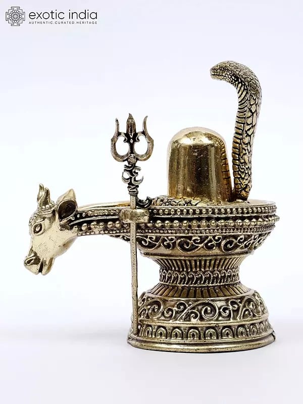 Exotic India 4" Small Brass Nandi Mukh Shivalinga With Protecting Naag And Trishul 