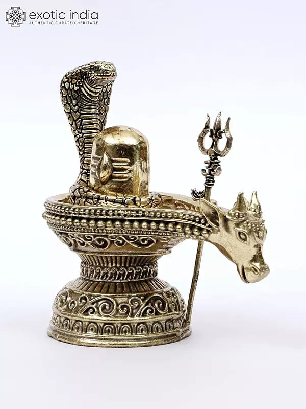 exotic india 4" Small Brass Nandi Mukh Shivalinga with Protecting Naag and Trishul 