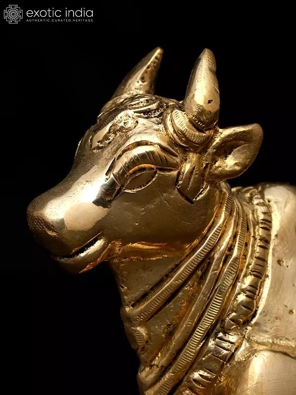Exotic India 4" Small Brass Nandi - Vahana Of Lord Shiva | Brass Idol 