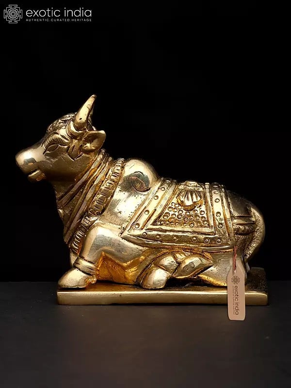 Exotic India 4" Small Brass Nandi - Vahana Of Lord Shiva | Brass Idol 