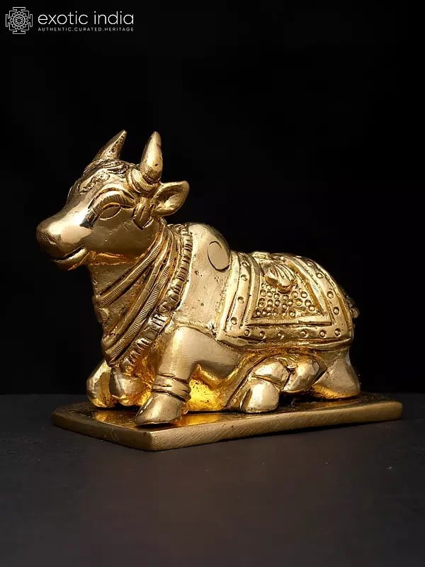 exotic india 4" Small Brass Nandi - Vahana of Lord Shiva | Brass Idol 