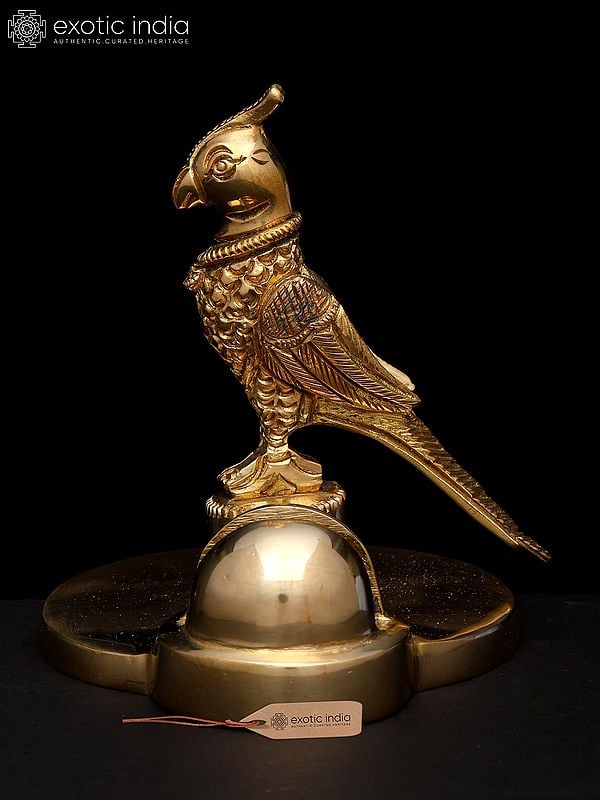Exotic India 4" Small Brass Parrot Statue With Card Holder | Table Piece 