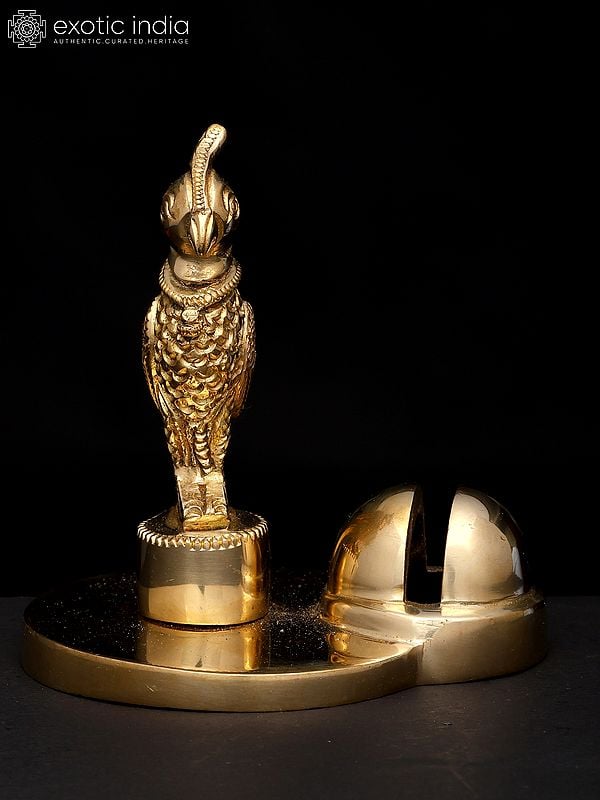 Exotic India 4" Small Brass Parrot Statue With Card Holder | Table Piece 