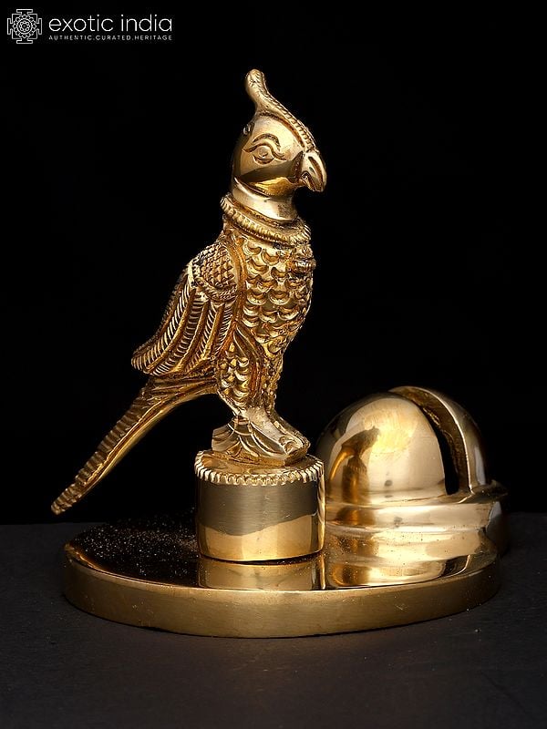 Exotic India 4" Small Brass Parrot Statue With Card Holder | Table Piece 