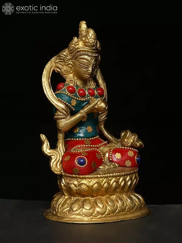 Exotic India 4" Small Buddhist Deity Vajrasattva | Brass Statue With Inlay Work 