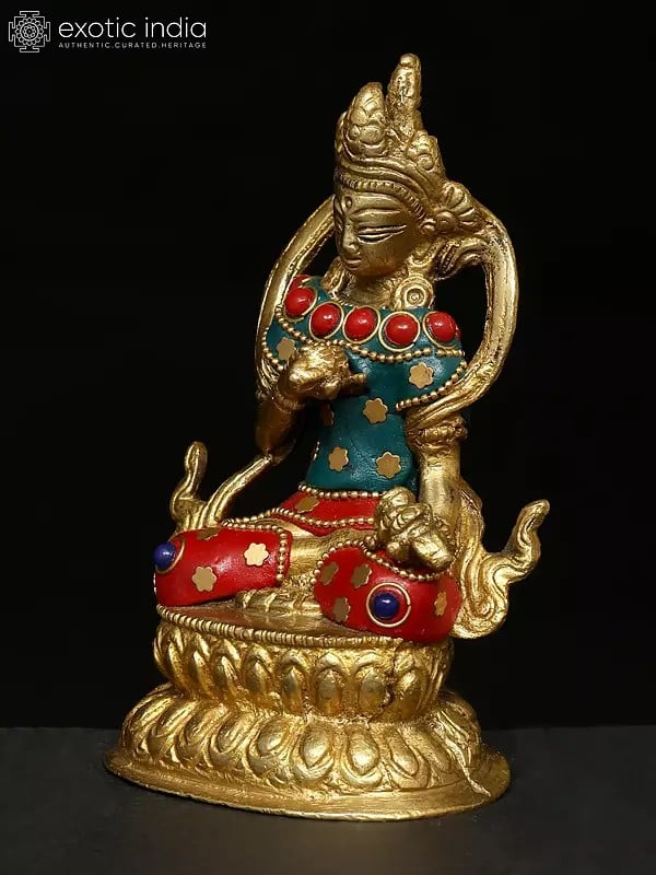 Exotic India 4" Small Buddhist Deity Vajrasattva | Brass Statue With Inlay Work 