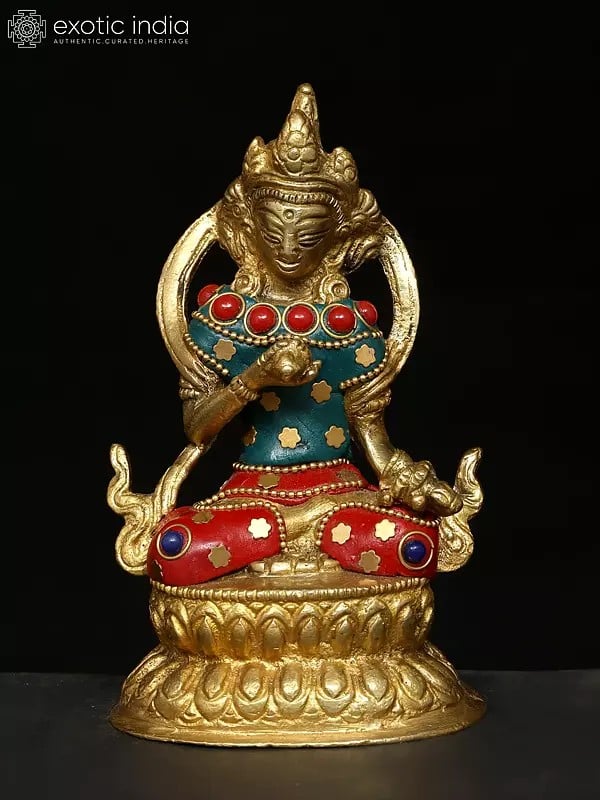 exotic india 4" Small Buddhist Deity Vajrasattva | Brass Statue with Inlay Work 