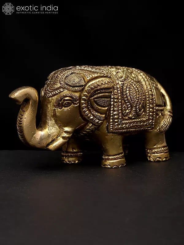 Exotic India 4" Small Elephant Figurine With Upraised Trunk | Table Decor Piece 