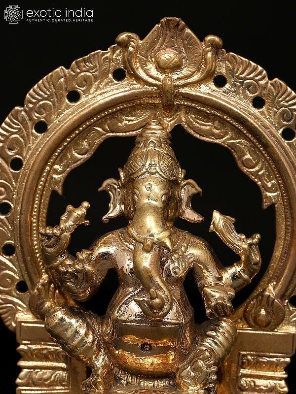 Exotic India 4" Small Four Armed Lord Ganesha Seated On Throne | Madhuchista Vidhana (Lost-Wax) | Panchaloha Bronze From Swamimalai 