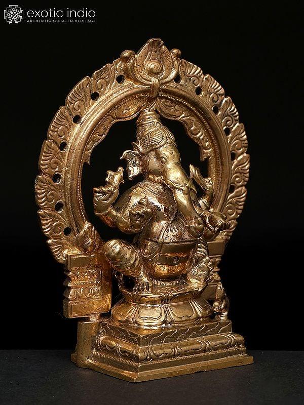 Exotic India 4" Small Four Armed Lord Ganesha Seated On Throne | Madhuchista Vidhana (Lost-Wax) | Panchaloha Bronze From Swamimalai 
