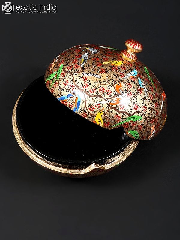 Exotic India 4" Small Hand Painted Birds Papier Mache Powder Box | From Kashmir 