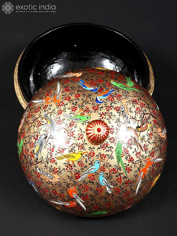 Exotic India 4" Small Hand Painted Birds Papier Mache Powder Box | From Kashmir 