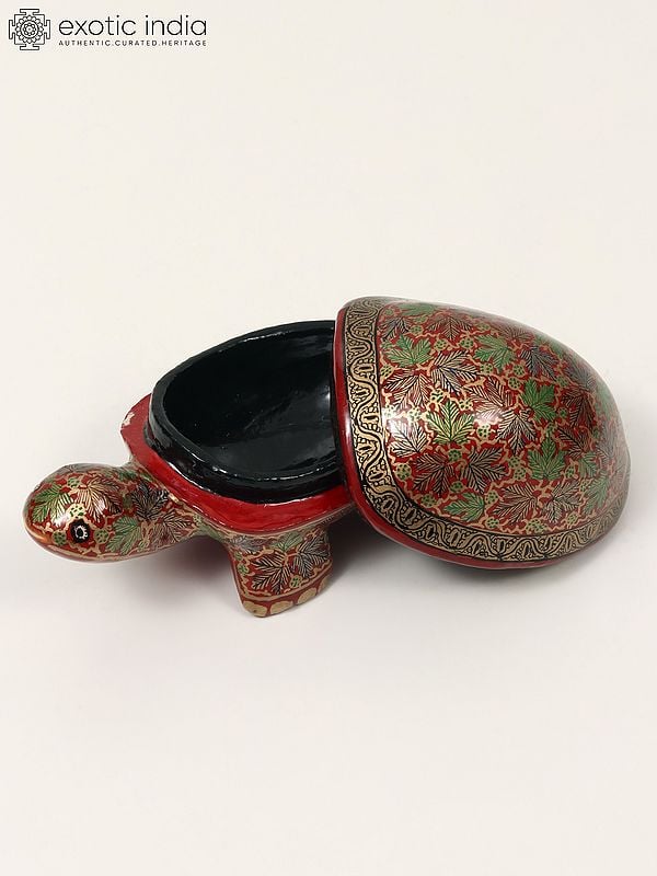 Exotic India 4" Small Hand Painted Papier Mache Cute Tortoise Figurine Storage Box | Home Decor 