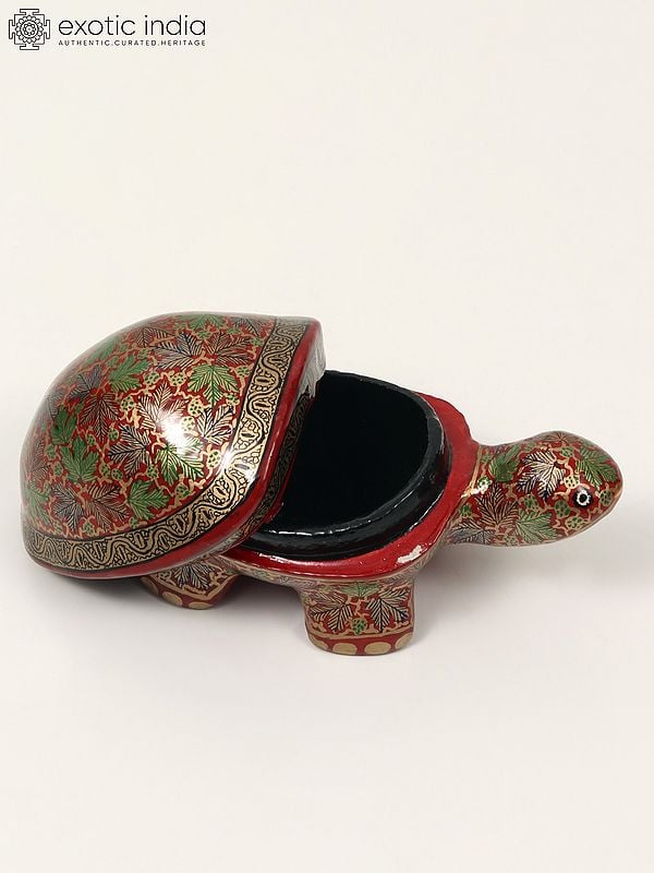 Exotic India 4" Small Hand Painted Papier Mache Cute Tortoise Figurine Storage Box | Home Decor 