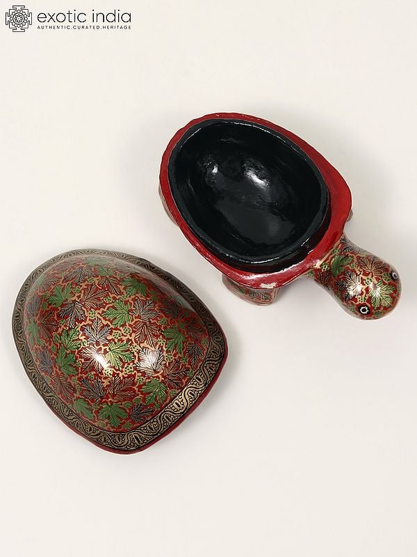 Exotic India 4" Small Hand Painted Papier Mache Cute Tortoise Figurine Storage Box | Home Decor 