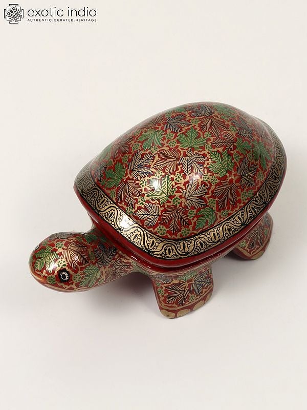 exotic india 4" Small Hand Painted Papier Mache Cute Tortoise Figurine Storage Box | Home Decor 