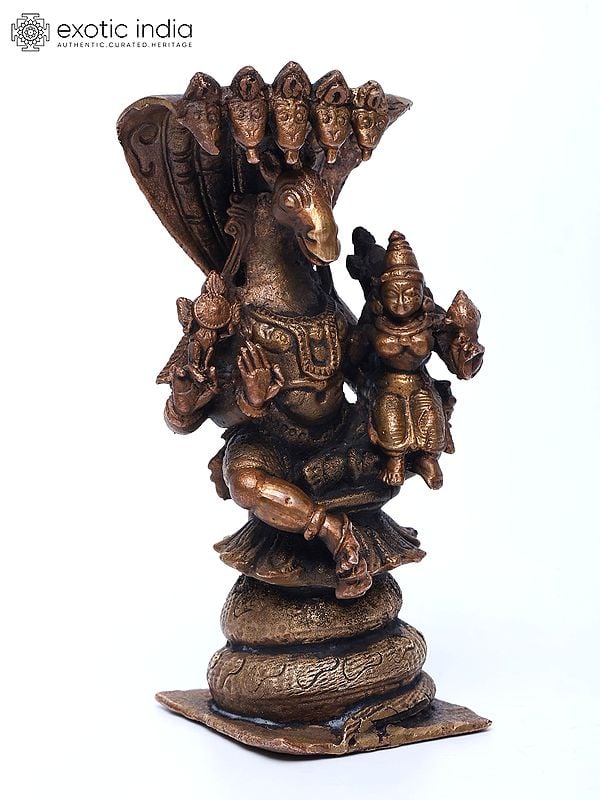 Exotic India 4" Small Lord Hayagriva With Devi Lakshmi | Copper Statue 