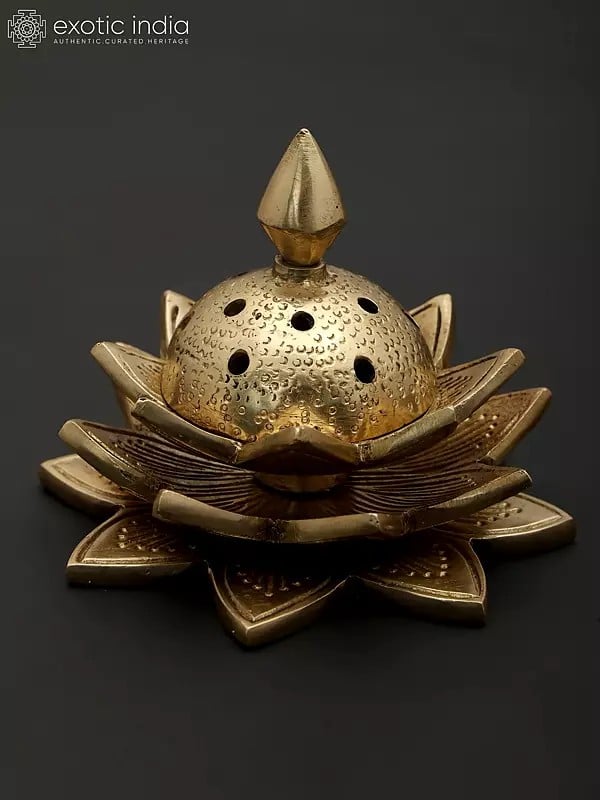 Exotic India 4" Small Lotus Design Incense Diffuser In Brass 