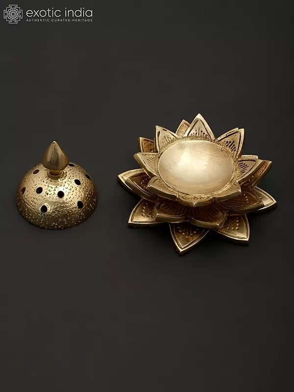 Exotic India 4" Small Lotus Design Incense Diffuser In Brass 