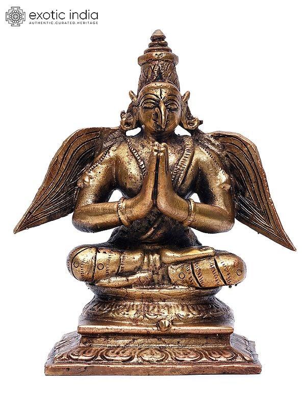 exotic india 4" Small Namaskar Garuda (Vahana of Lord Vishnu) | Copper Statue 
