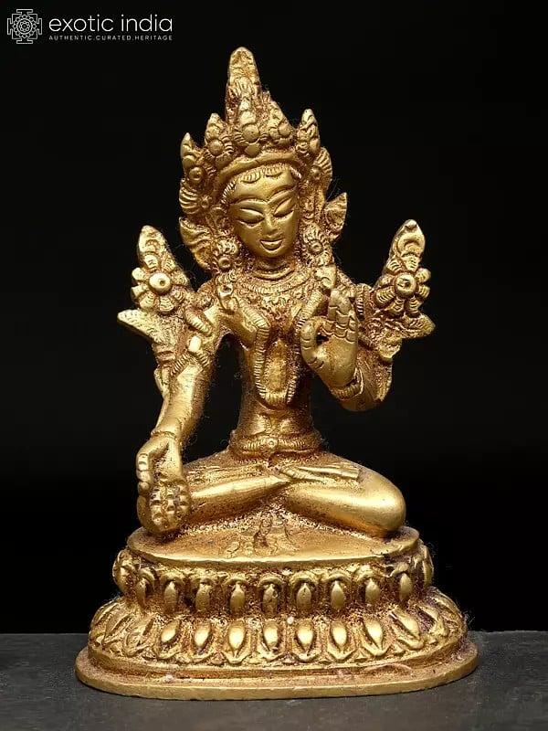 Exotic India 4" Small Set Of Four Buddhist Deities (Manjushri White Tara Chenrezig Green Tara) | Brass Statues 