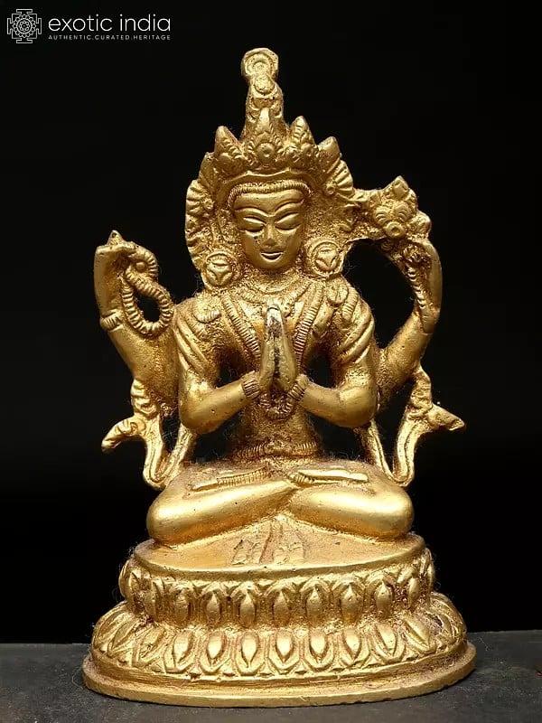 Exotic India 4" Small Set Of Four Buddhist Deities (Manjushri White Tara Chenrezig Green Tara) | Brass Statues 