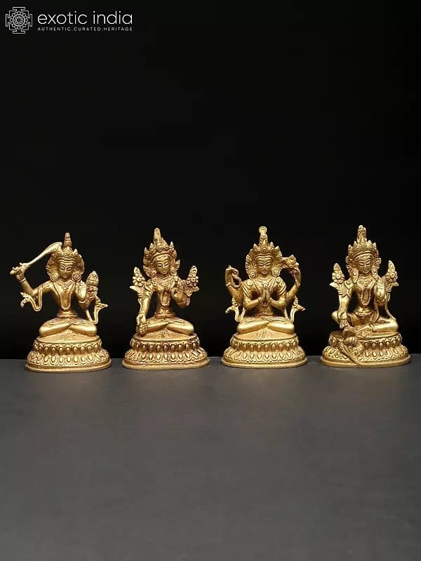 exotic india 4" Small Set of Four Buddhist Deities (Manjushri White Tara Chenrezig Green Tara) | Brass Statues 