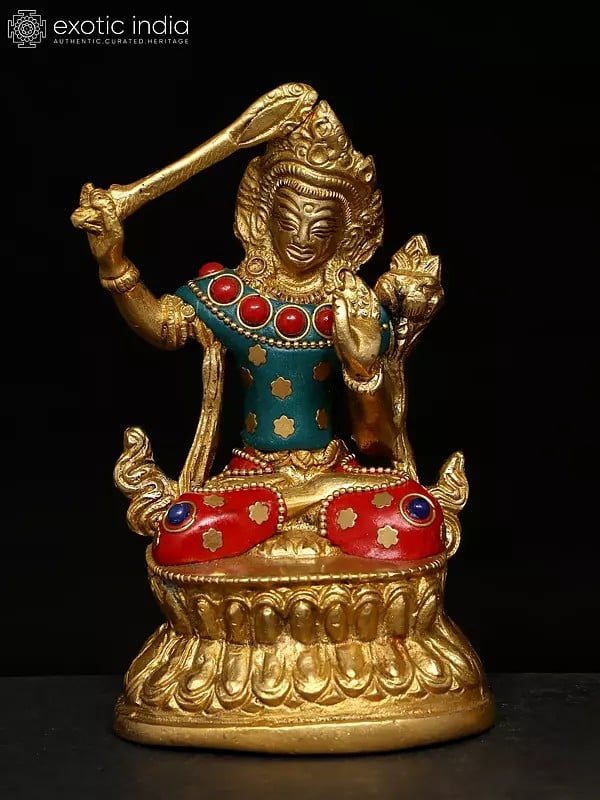 Exotic India 4" Small Set Of Three Buddhist Deities | Brass Statues With Inlay Work 