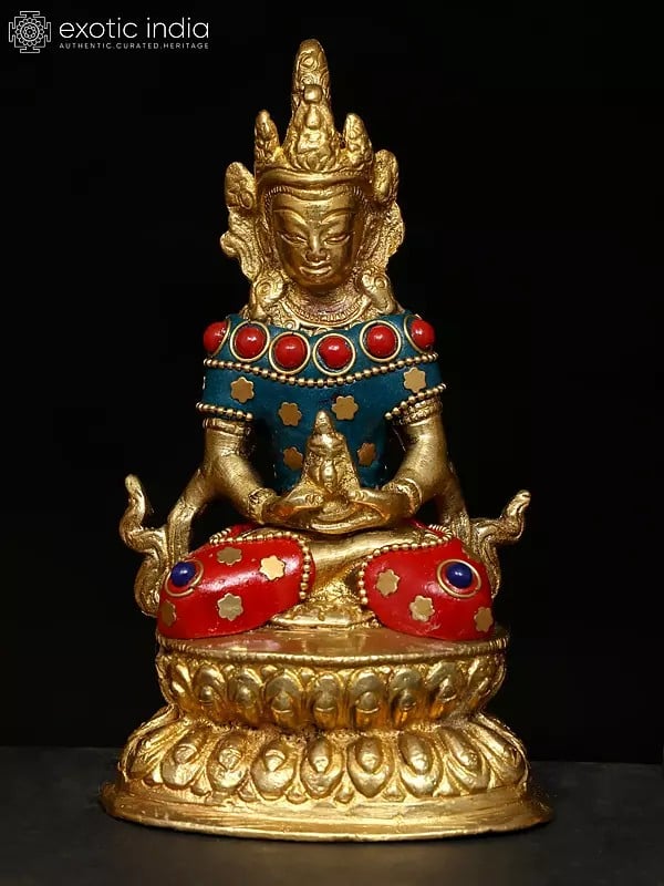 Exotic India 4" Small Set Of Three Buddhist Deities | Brass Statues With Inlay Work 