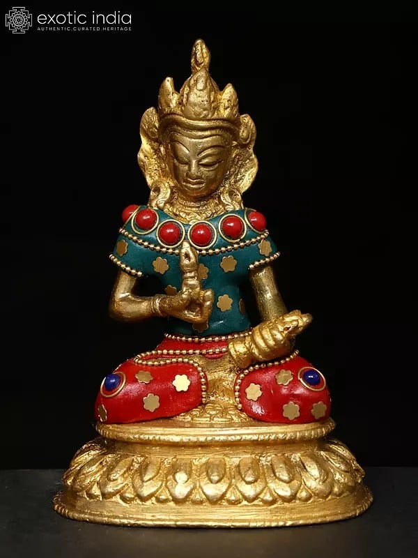 Exotic India 4" Small Set Of Three Buddhist Deities | Brass Statues With Inlay Work 
