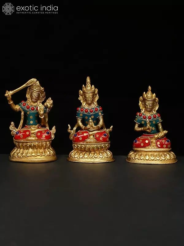 exotic india 4" Small Set of Three Buddhist Deities | Brass Statues with Inlay Work 