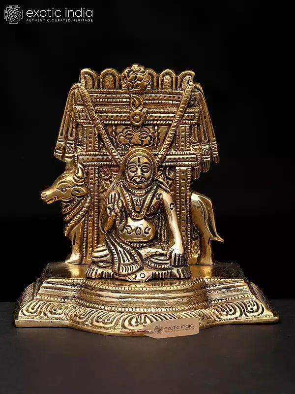 exotic india 4" Small Shri Raghavendra Swami with Kamadhenu Cow | Brass Statue 