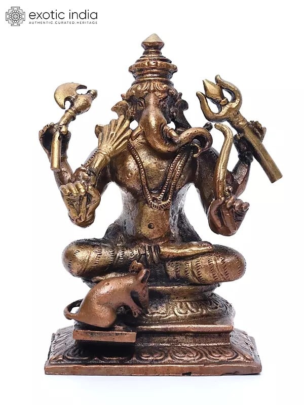 exotic india 4" Small Sitting Lord Ganapati with Mushak | Copper Statue 