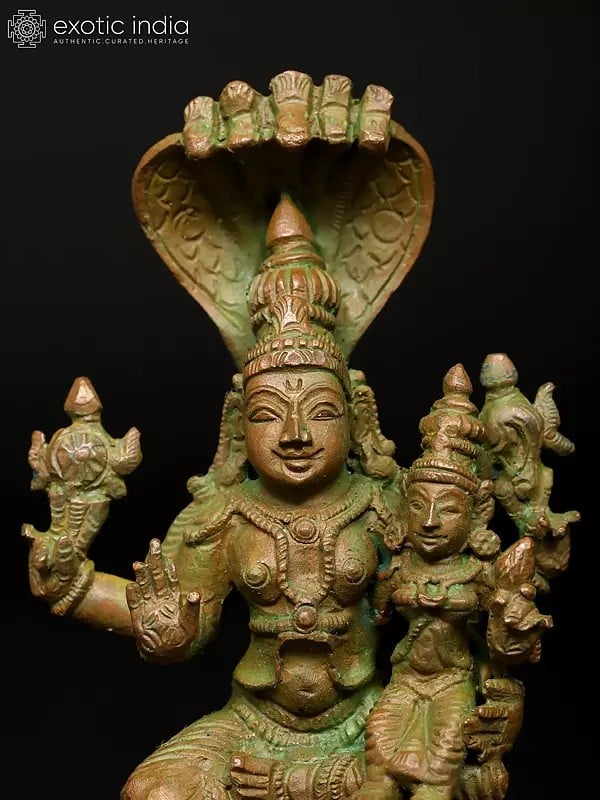 Exotic India 4" Small Sitting Lord Vishnu With Devi Lakshmi | Madhuchista Vidhana (Lost-Wax) | Panchaloha Bronze From Swamimalai 