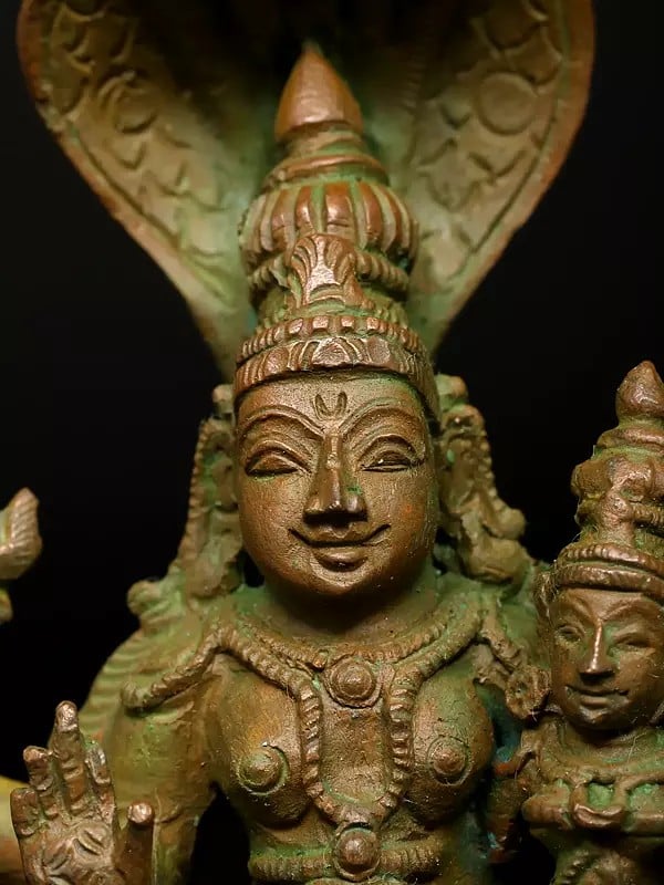 Exotic India 4" Small Sitting Lord Vishnu With Devi Lakshmi | Madhuchista Vidhana (Lost-Wax) | Panchaloha Bronze From Swamimalai 