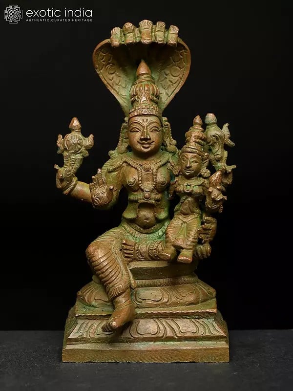 exotic india 4" Small Sitting Lord Vishnu with Devi Lakshmi | Madhuchista Vidhana (Lost-Wax) | Panchaloha Bronze from Swamimalai 
