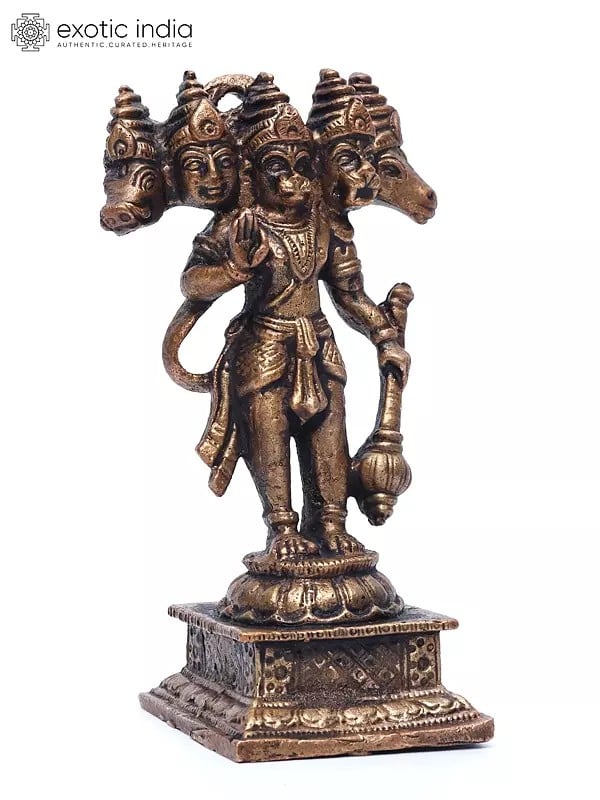 Exotic India 4" Small Standing Panchamukhi Lord Hanuman | Copper Statue 