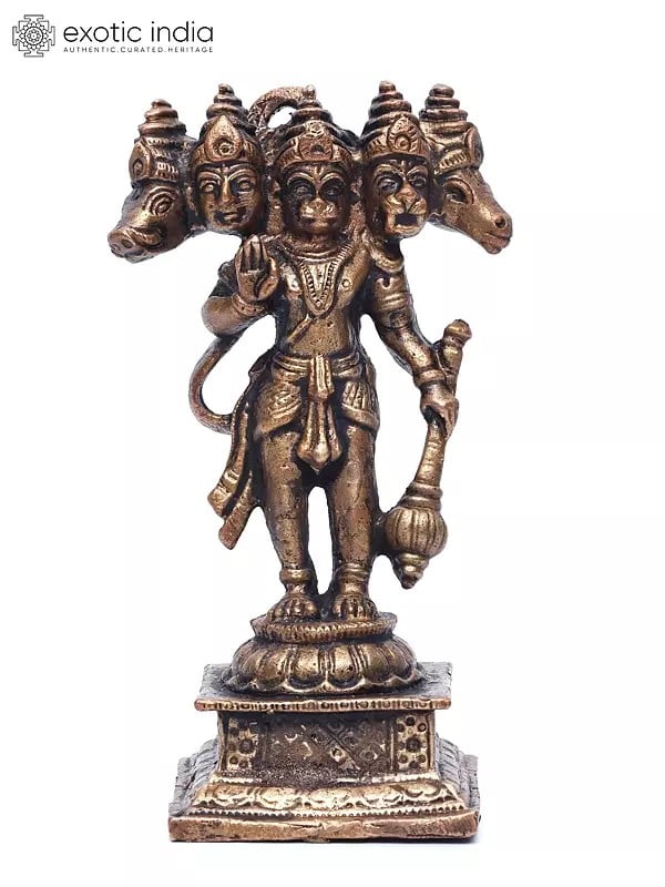 exotic india 4" Small Standing Panchamukhi Lord Hanuman | Copper Statue 
