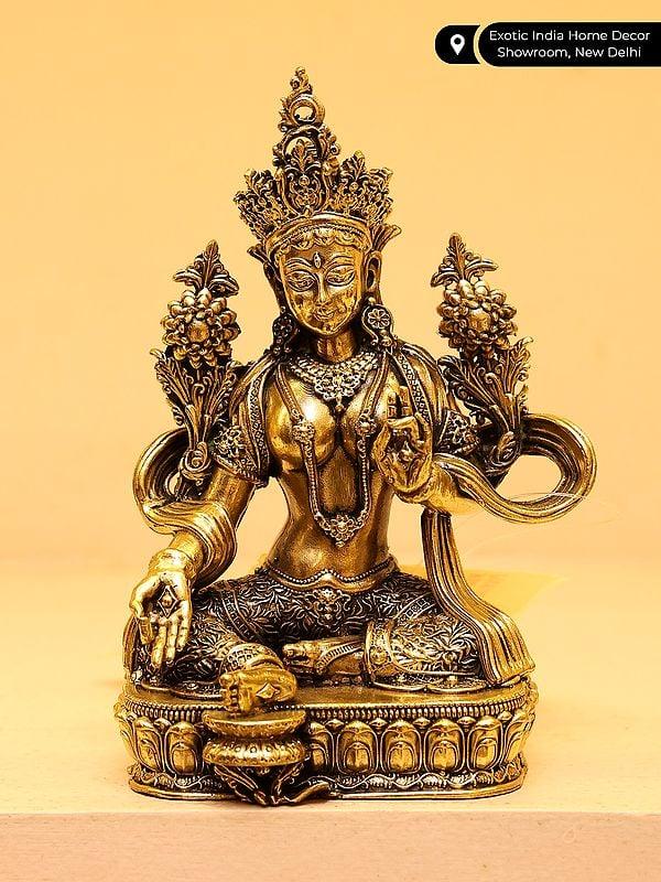 Exotic India 4" Small Superfine Goddess Green Tara | Brass Statue 