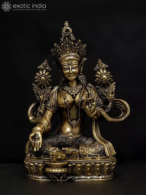 exotic india 4" Small Superfine Goddess Green Tara | Brass Statue 
