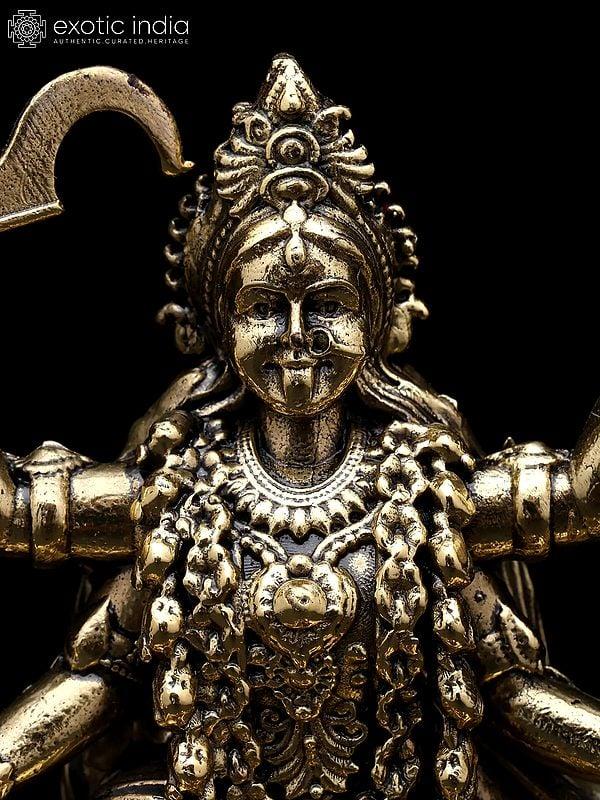 Exotic India 4" Small Superfine Goddess Kali Standing On Lord Shiva | Brass Statue 