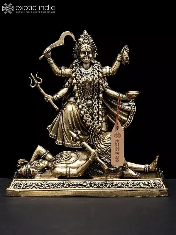 exotic india 4" Small Superfine Goddess Kali Standing on Lord Shiva | Brass Statue 