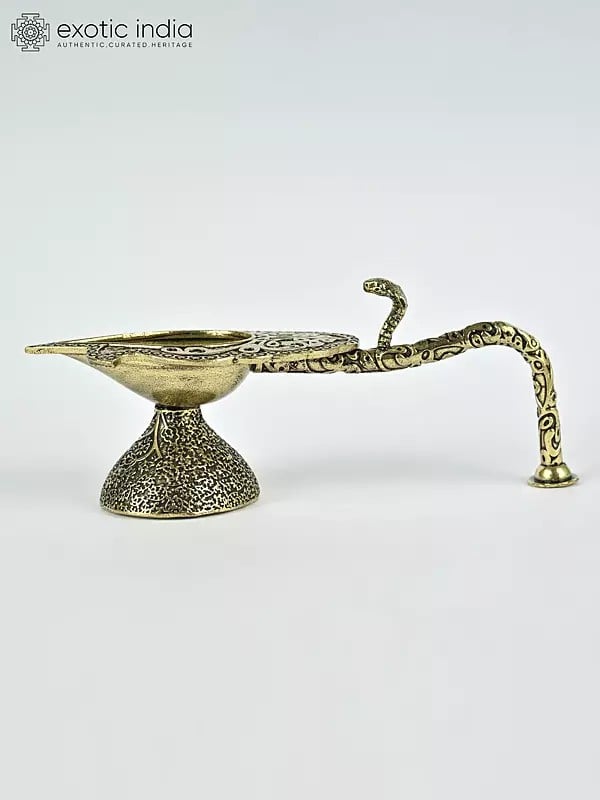 Exotic India 4" Small Superfine Handheld Arti Diya In Brass With Snake 